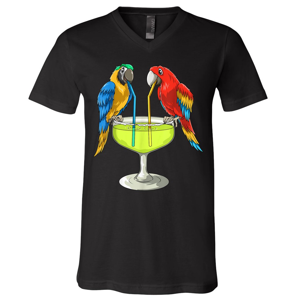 Parrots Drinking Margarita Hawaiian Vacation Beach Party V-Neck T-Shirt