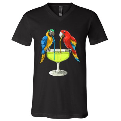 Parrots Drinking Margarita Hawaiian Vacation Beach Party V-Neck T-Shirt