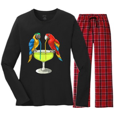 Parrots Drinking Margarita Hawaiian Vacation Beach Party Women's Long Sleeve Flannel Pajama Set 