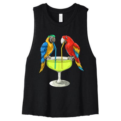 Parrots Drinking Margarita Hawaiian Vacation Beach Party Women's Racerback Cropped Tank