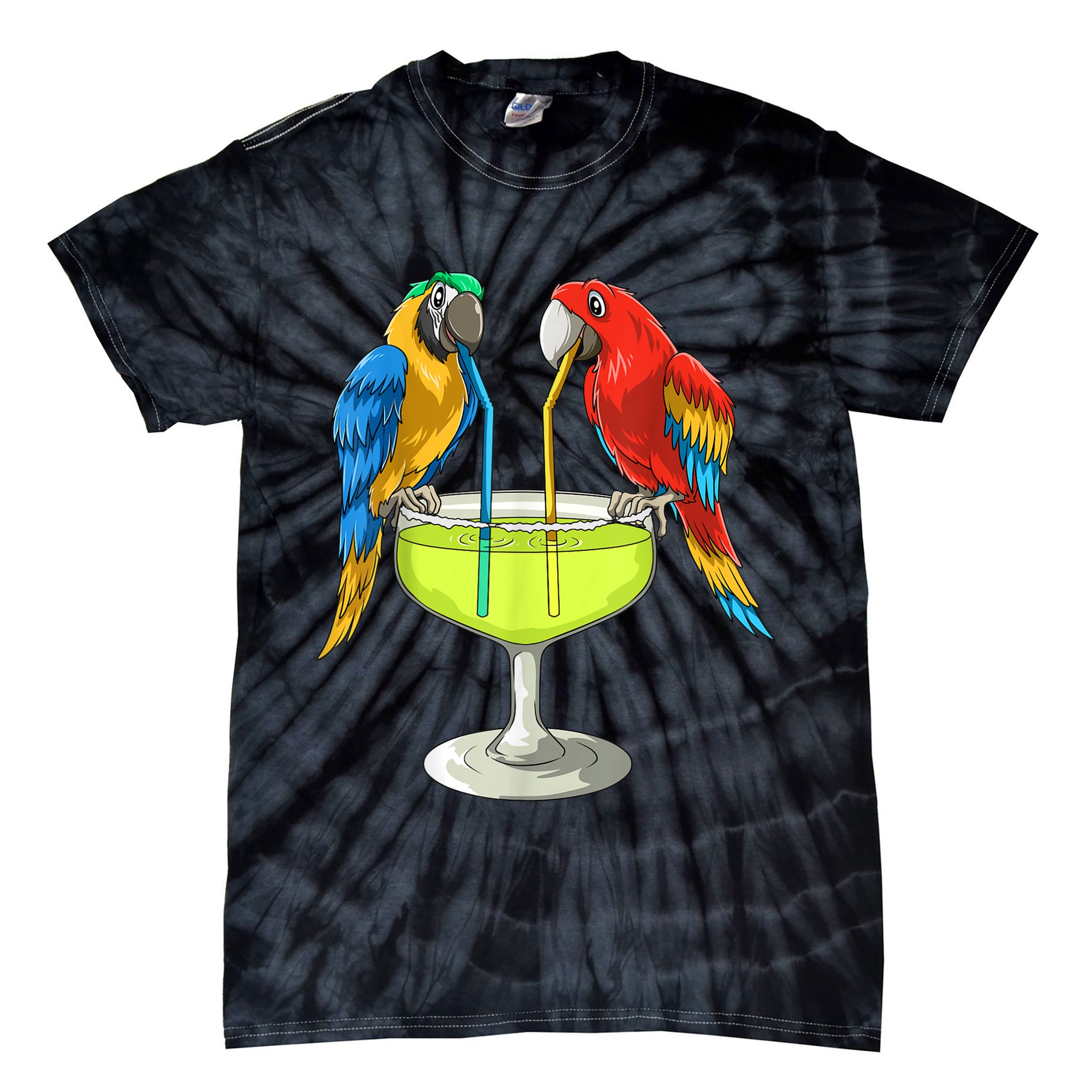 Parrots Drinking Margarita Hawaiian Vacation Beach Party Tie-Dye T-Shirt