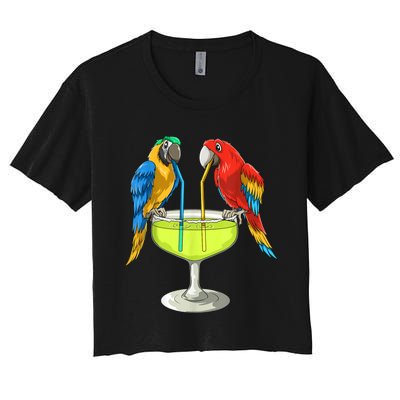 Parrots Drinking Margarita Hawaiian Vacation Beach Party Women's Crop Top Tee