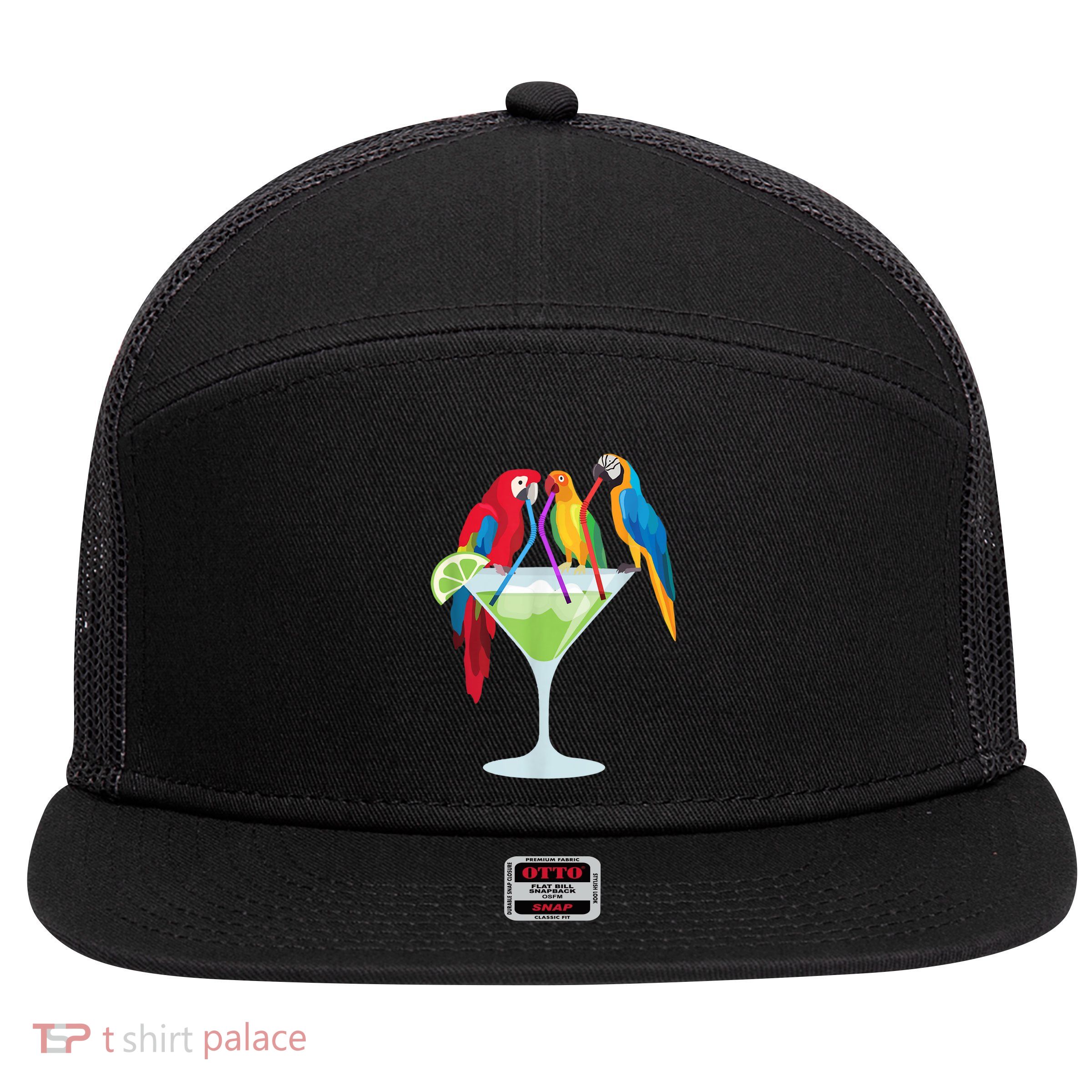 Parrots Drinking Margarita Tropical Vacation Hawaiian Birds 7 Panel Mesh Trucker Snapback Hat
