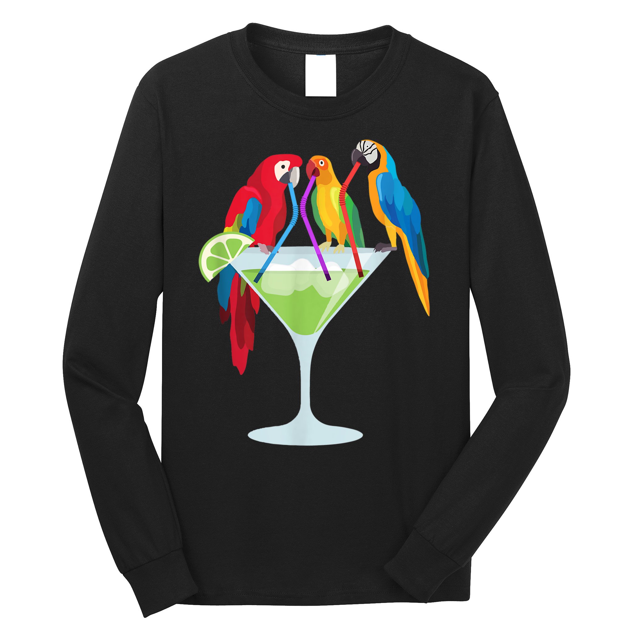 Parrots Drinking Margarita Tropical Vacation Hawaiian Birds Long Sleeve Shirt