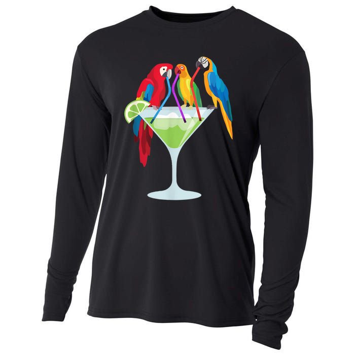 Parrots Drinking Margarita Tropical Vacation Hawaiian Birds Cooling Performance Long Sleeve Crew