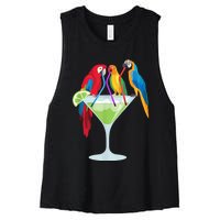 Parrots Drinking Margarita Tropical Vacation Hawaiian Birds Women's Racerback Cropped Tank