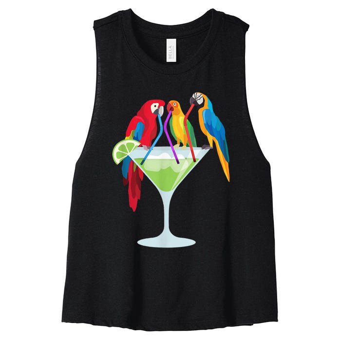 Parrots Drinking Margarita Tropical Vacation Hawaiian Birds Women's Racerback Cropped Tank