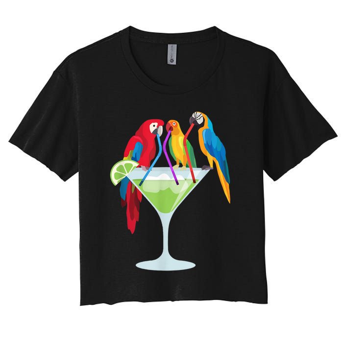 Parrots Drinking Margarita Tropical Vacation Hawaiian Birds Women's Crop Top Tee