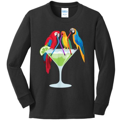 Parrots Drinking Margarita Tropical Vacation Hawaiian Birds Kids Long Sleeve Shirt