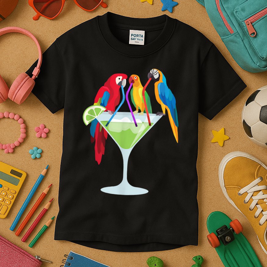 Parrots Drinking Margarita Tropical Vacation Hawaiian Birds Kids T-Shirt