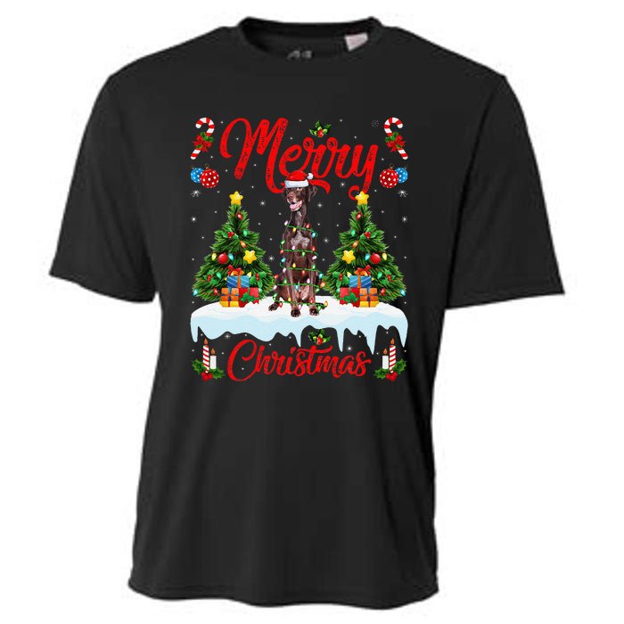 Pointing Dog Merry Christmas Tree Lighting Pointing Dog Xmas Cooling Performance Crew T-Shirt