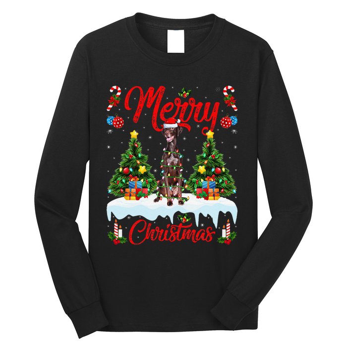 Pointing Dog Merry Christmas Tree Lighting Pointing Dog Xmas Long Sleeve Shirt