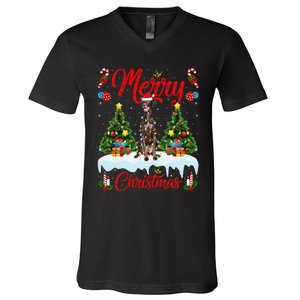 Pointing Dog Merry Christmas Tree Lighting Pointing Dog Xmas V-Neck T-Shirt