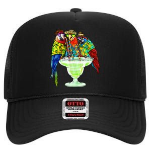 Parrots Drinking Margarita Hawaiian Vacation Birds High Crown Mesh Back Trucker Hat