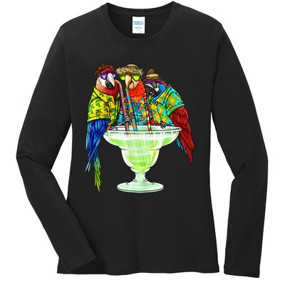 Parrots Drinking Margarita Hawaiian Vacation Birds Ladies Long Sleeve Shirt