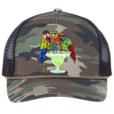 Parrots Drinking Margarita Hawaiian Vacation Birds Retro Rope Trucker Hat Cap