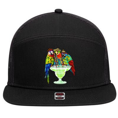 Parrots Drinking Margarita Hawaiian Vacation Birds 7 Panel Mesh Trucker Snapback Hat