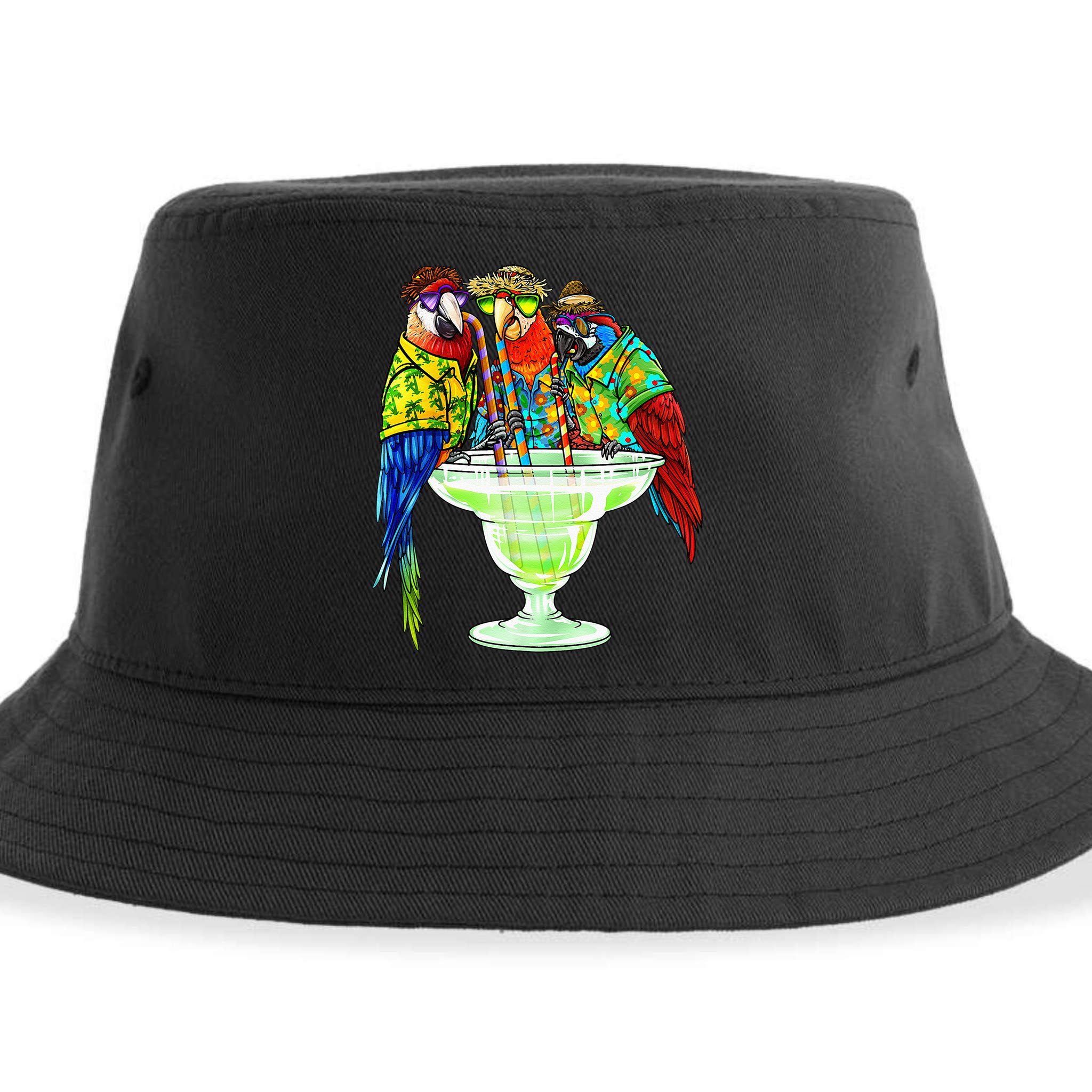 Parrots Drinking Margarita Hawaiian Vacation Birds Sustainable Bucket Hat