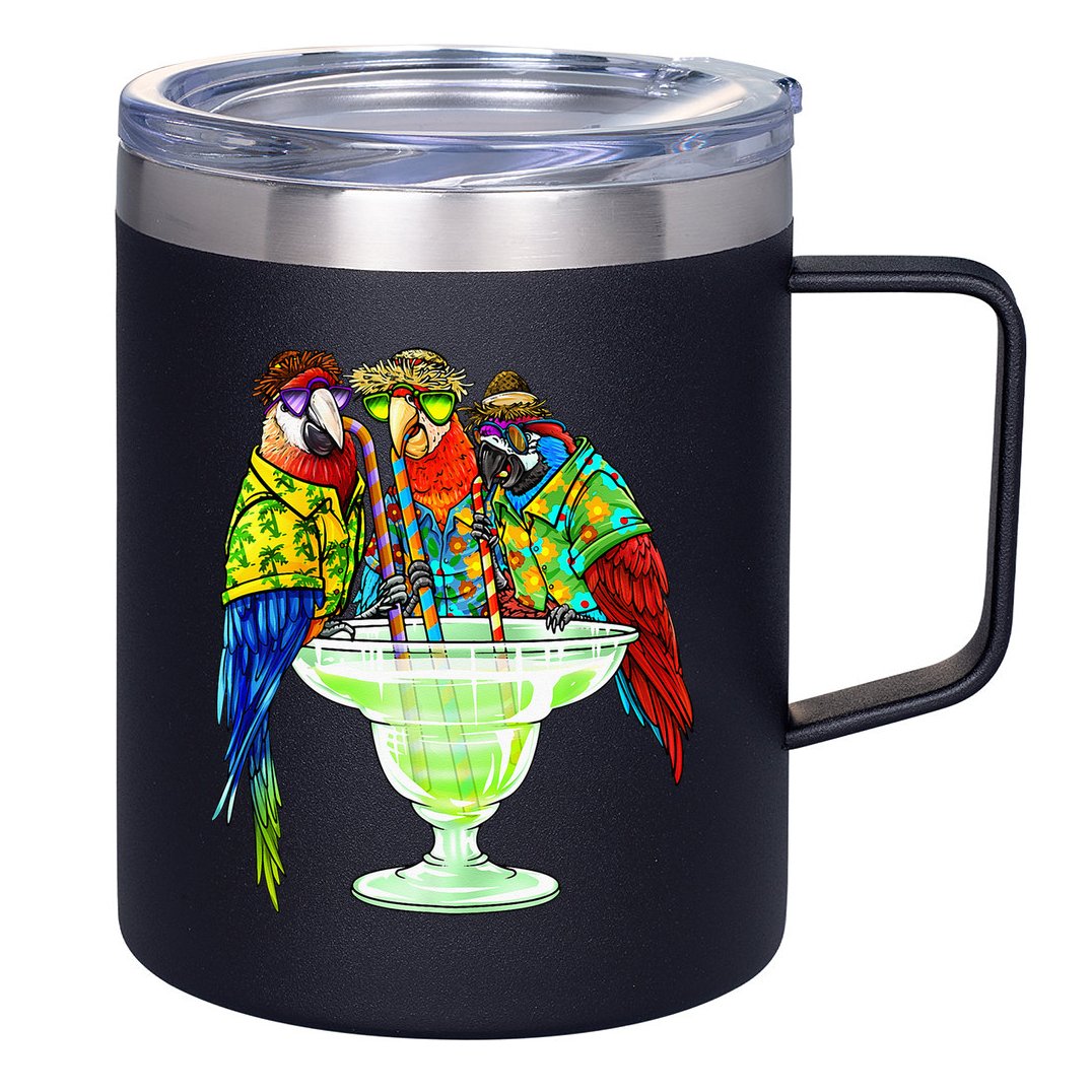 Parrots Drinking Margarita Hawaiian Vacation Birds 12oz Stainless Steel Coffee Mug