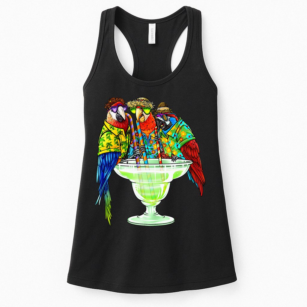 Parrots Drinking Margarita Hawaiian Vacation Birds Womens Tank Top