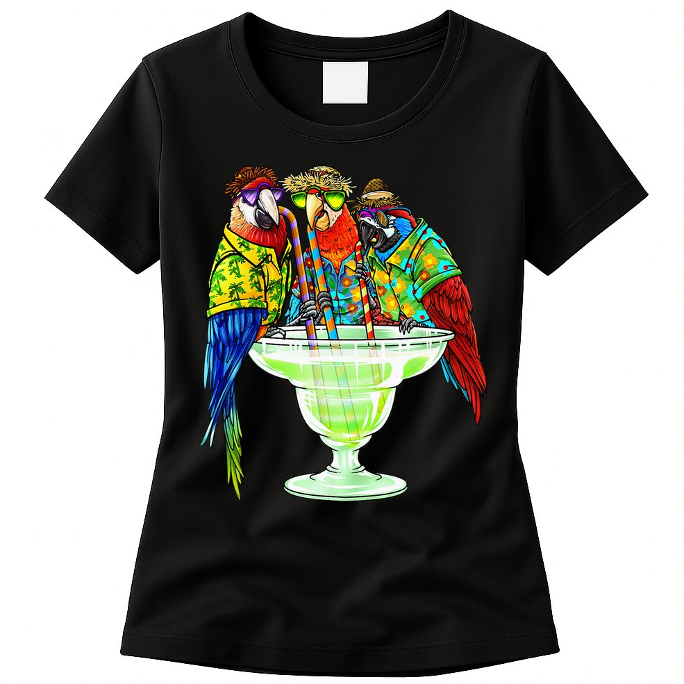 Parrots Drinking Margarita Hawaiian Vacation Birds Womens T-Shirt