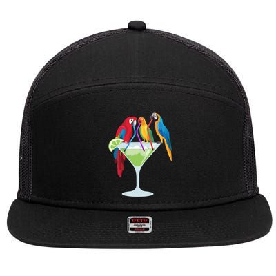 Parrots Drinking Margarita Tropical Vacation Hawaiian Birds 7 Panel Mesh Trucker Snapback Hat