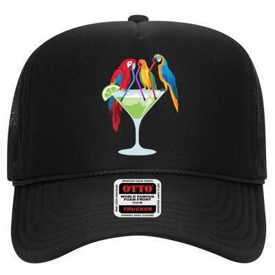 Parrots Drinking Margarita Tropical Vacation Hawaiian Birds High Crown Mesh Back Trucker Hat