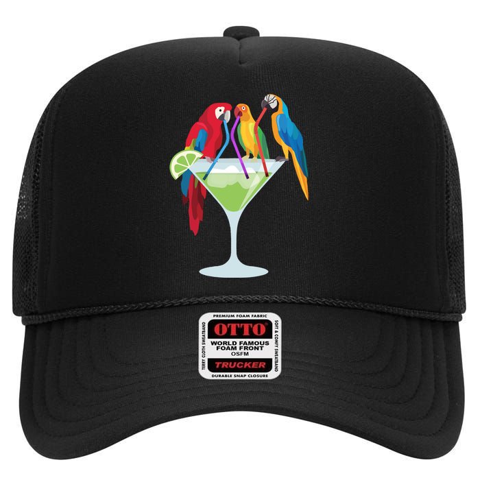 Parrots Drinking Margarita Tropical Vacation Hawaiian Birds High Crown Mesh Back Trucker Hat