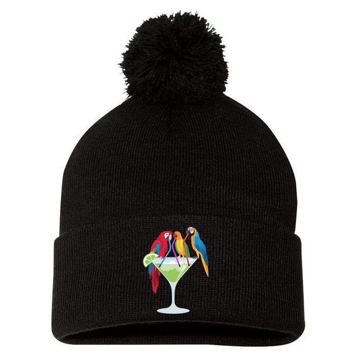 Parrots Drinking Margarita Tropical Vacation Hawaiian Birds Pom Pom 12in Knit Beanie