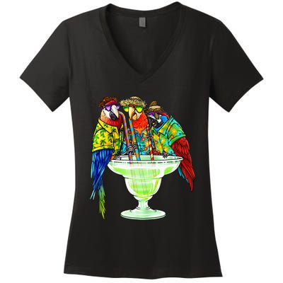 Parrots Drinking Margarita Hawaiian Vacation Birds Women's V-Neck T-Shirt