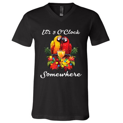 Parrots Drinking Margarita Its 5 Oclock Somewhere Funny V-Neck T-Shirt