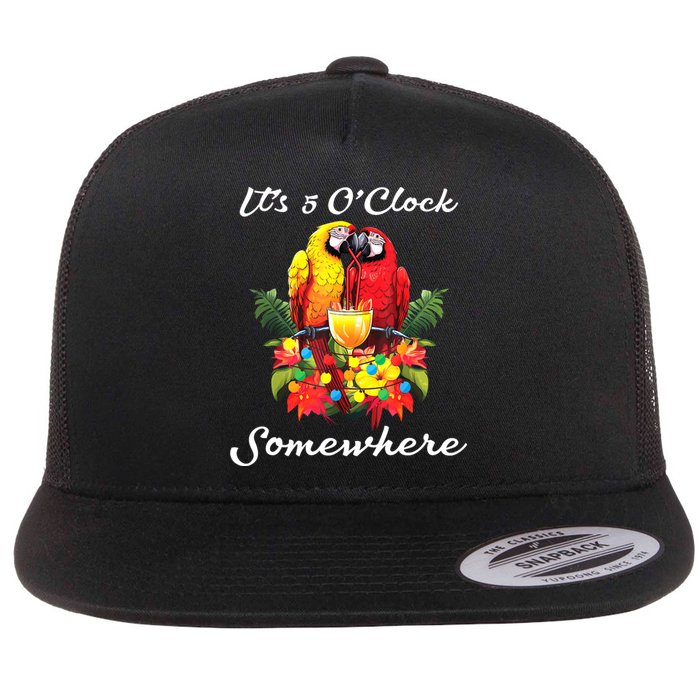 Parrots Drinking Margarita Its 5 Oclock Somewhere Funny Flat Bill Trucker Hat