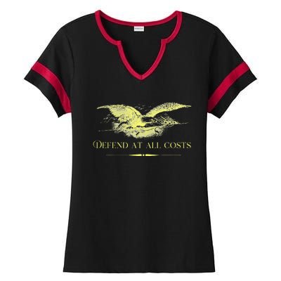 Patriotic Democracy Military Defend Eagle With Flag Ladies Halftime Notch Neck Tee