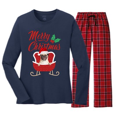 Pug Dog Merry Christmas Design For The Holiday Season! Women's Long Sleeve Flannel Pajama Set 