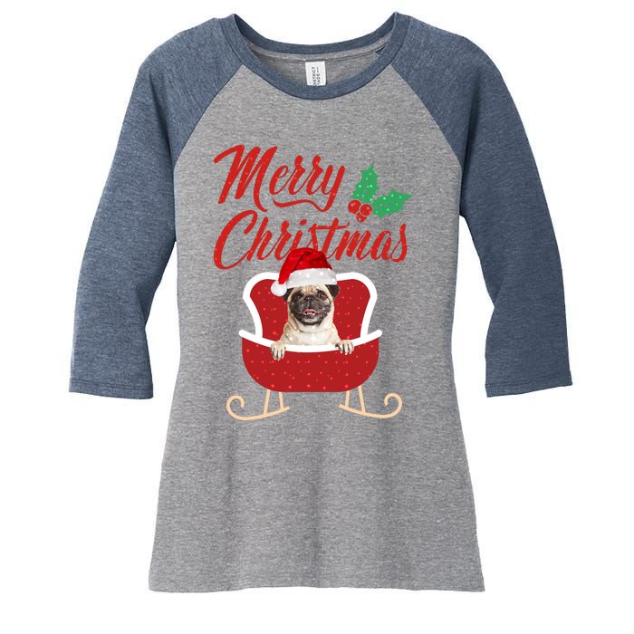 Pug Dog Merry Christmas Design For The Holiday Season! Women's Tri-Blend 3/4-Sleeve Raglan Shirt