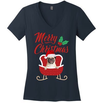 Pug Dog Merry Christmas Design For The Holiday Season! Women's V-Neck T-Shirt