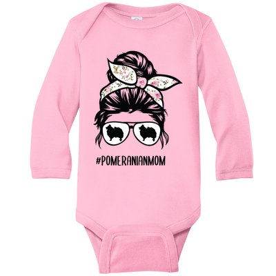 Pomeranian Dog Mom Messy Bun Hair Glasses Pom Mom Dog Baby Long Sleeve Bodysuit