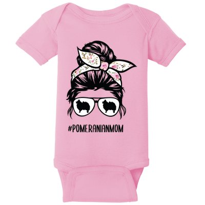 Pomeranian Dog Mom Messy Bun Hair Glasses Pom Mom Dog Baby Bodysuit