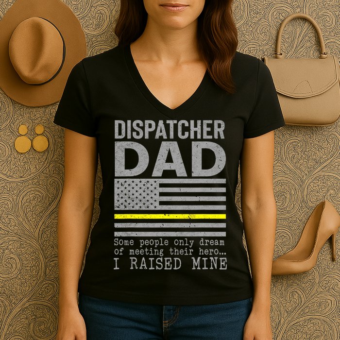 Proud Dad Of A 911 Dispatcher Thin Gold Line Dispatch Father Women's V-Neck T-Shirt