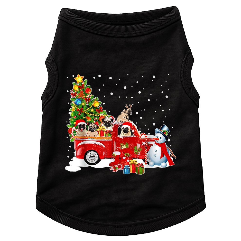 Pug Dog On Red Truck Christmas Pajama Funny Xmas Tree Doggie Tank