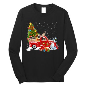 Pug Dog On Red Truck Christmas Pajama Funny Xmas Tree Long Sleeve Shirt