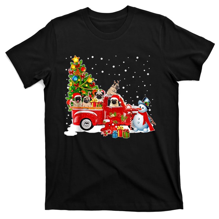 Pug Dog On Red Truck Christmas Pajama Funny Xmas Tree T-Shirt