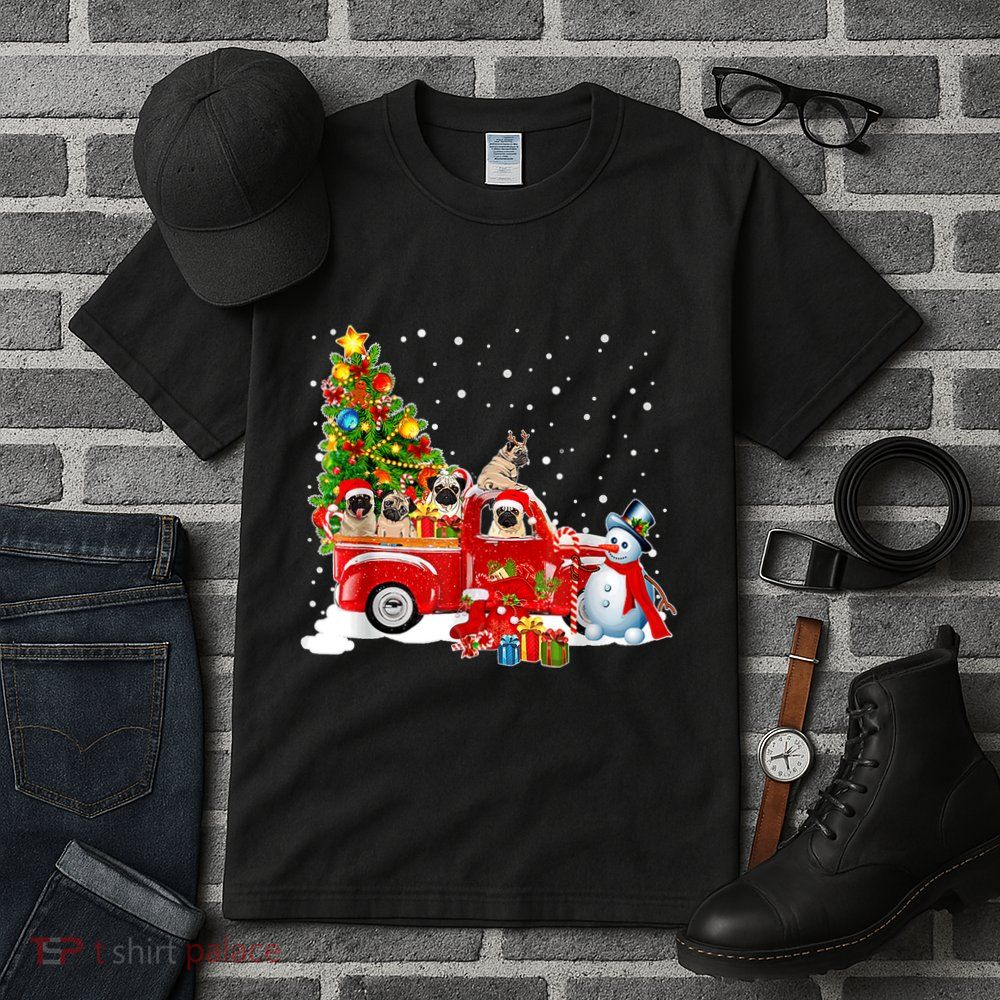 Pug Dog On Red Truck Christmas Pajama Funny Xmas Tree Tall T-Shirt