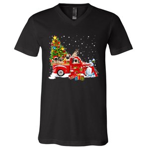 Pug Dog On Red Truck Christmas Pajama Funny Xmas Tree V-Neck T-Shirt