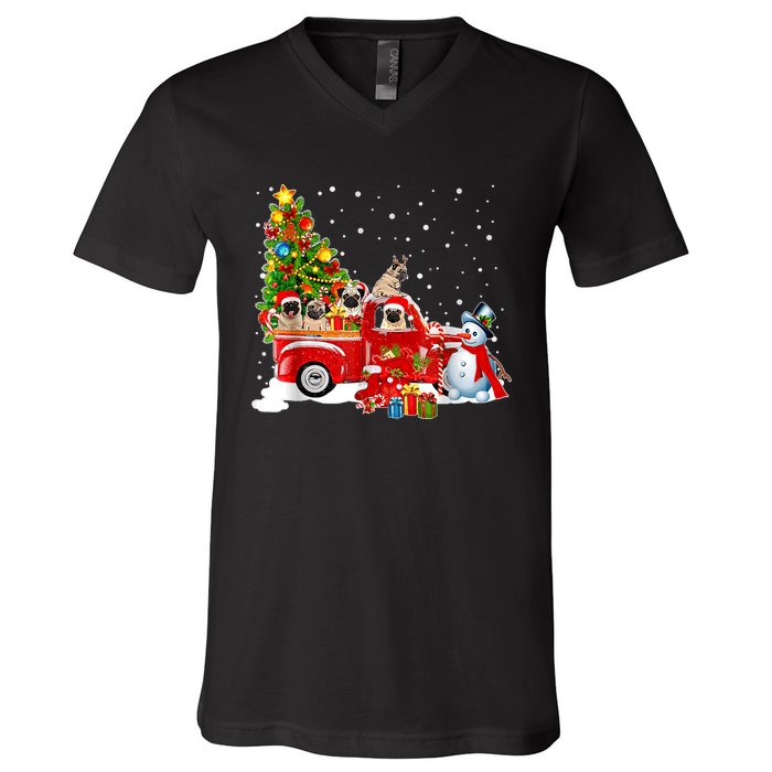 Pug Dog On Red Truck Christmas Pajama Funny Xmas Tree V-Neck T-Shirt