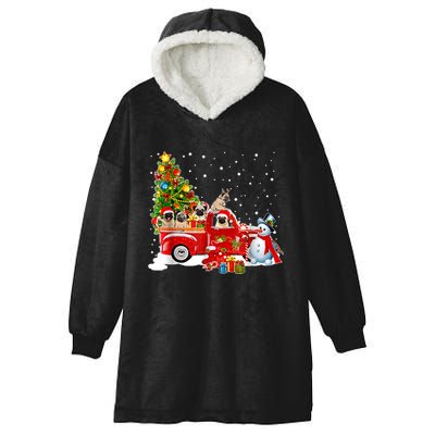 Pug Dog On Red Truck Christmas Pajama Funny Xmas Tree Hooded Wearable Blanket