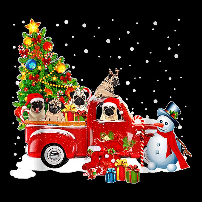 Pug Dog On Red Truck Christmas Pajama Funny Xmas Tree Button