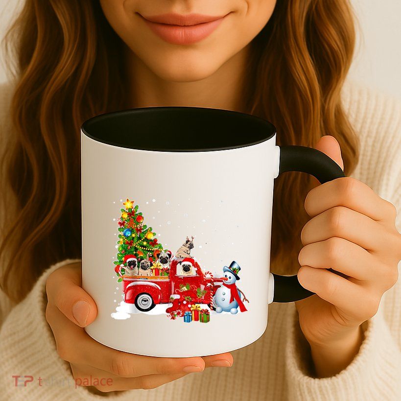 Pug Dog On Red Truck Christmas Pajama Funny Xmas Tree Mug