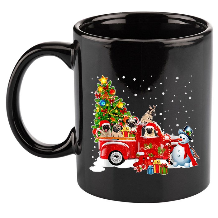 Pug Dog On Red Truck Christmas Pajama Funny Xmas Tree 11oz C Handle Ceramic Mug