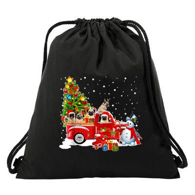 Pug Dog On Red Truck Christmas Pajama Funny Xmas Tree Drawstring Bag